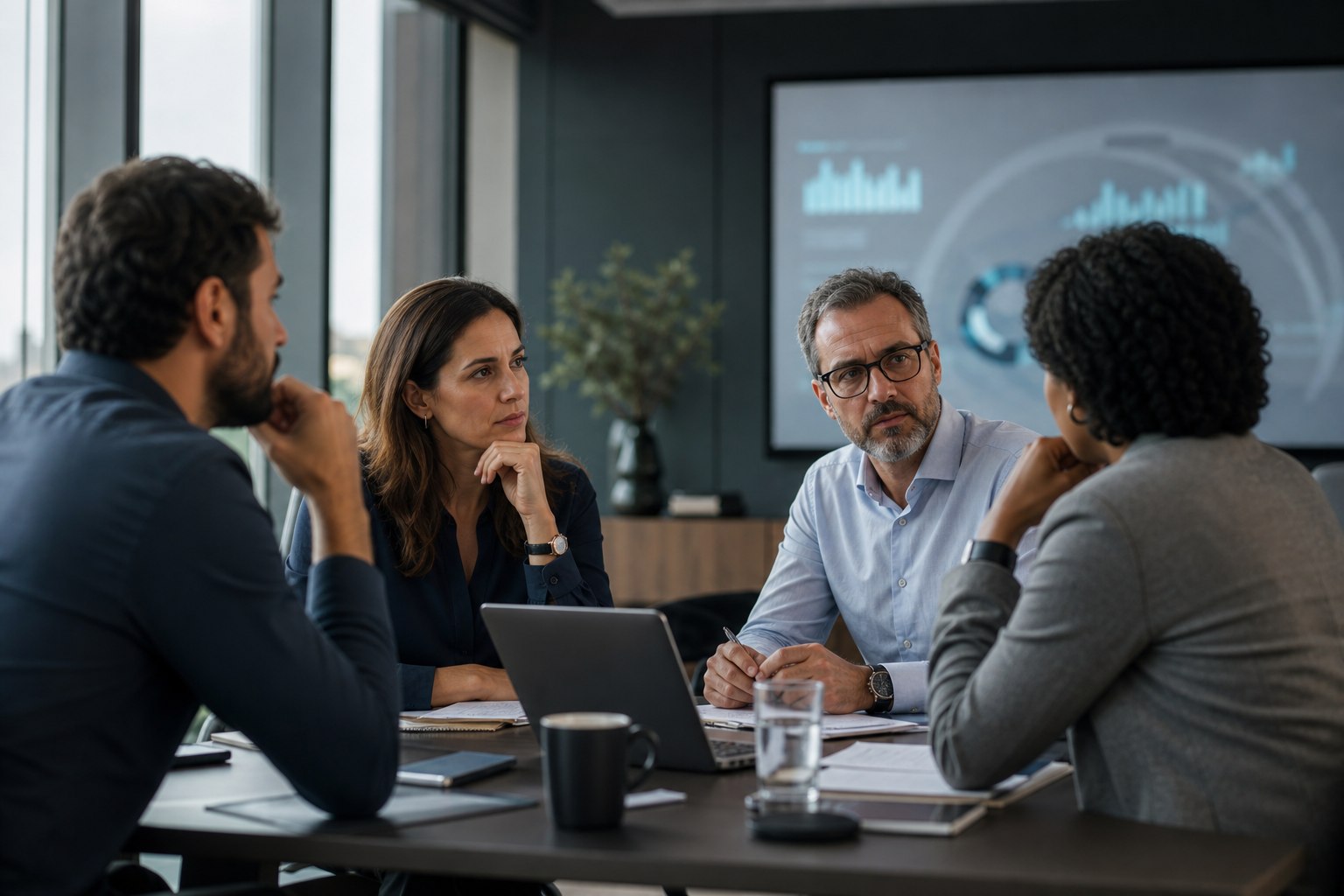 Equipe em uma conversa séria sobre impactos da inteligência artificial no trabalho